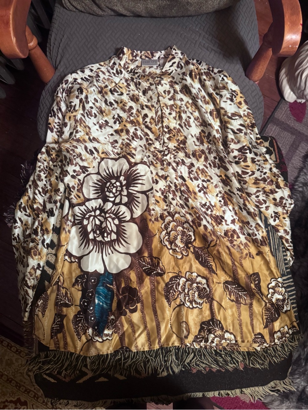 Chico's Cream, Mustard & Brown Floral Print Blouse